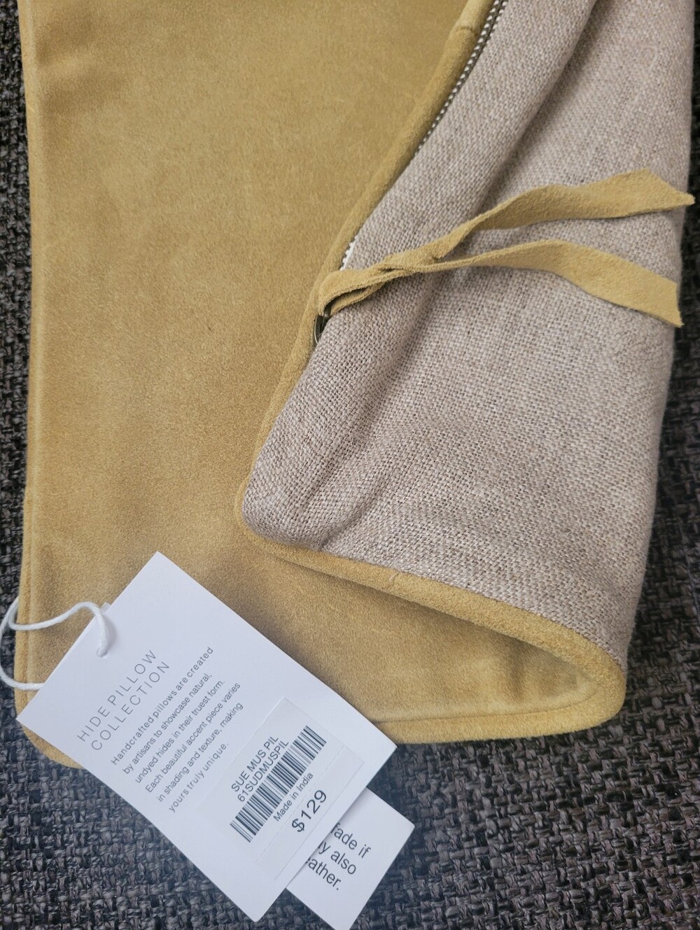 NWT Arhaus Suede Leather and Linen Mustard Lumbar Accent Pillow Cover $129